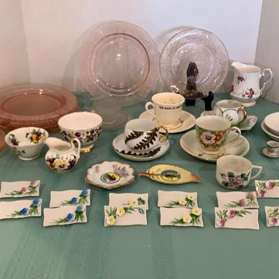 Depression Glass Plates, Porcelain Name Plates And Assorted Tea Cups