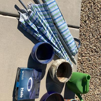 Outdoor Umbrella, Lights And Pots