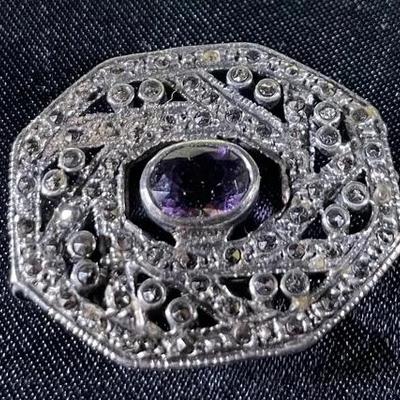 Vintage Art Deco Sterling Silver Pin Brooch With Amethyst Colored Stone