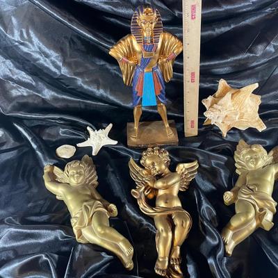 Lot With Shells, Egyptian Figure And Chalkware Angels 