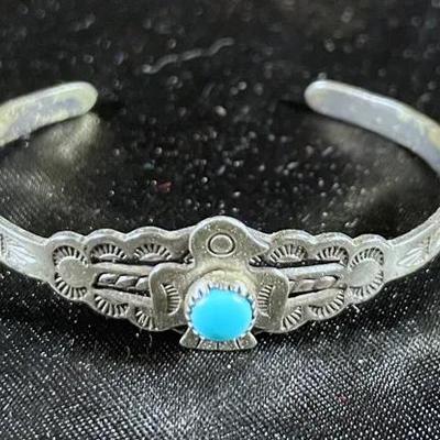 Vintage Sterling Silver Native American Styled Baby Bracelet With Turquoise Stone