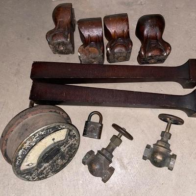 Lot Of Antique Meter, Valves And Salvaged Wood Legs