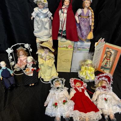 RJ517 - Victorian/Storybook Style porcelain dolls, including Avon Brand. approx. 5-8" 
