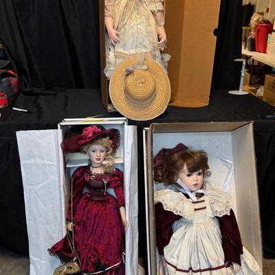 RJ513 - Vintage Victorian Style Large Porcelain Dolls. Original boxes. Approximately 26 - 29" tall