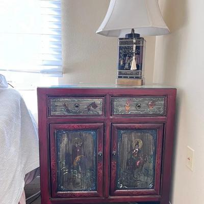 Antique Style Indian Or Indonesian Cabinet And Asian Lamp - Matching 2