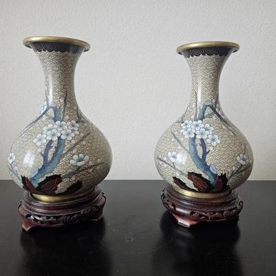 Pair of Vintage Cloisonné Floral Vases on Carved Wood Stands