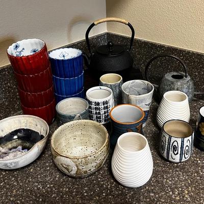 Japanese & Artisan Stoneware Tea Set, Cups, Bowls & Cast Iron Teapot