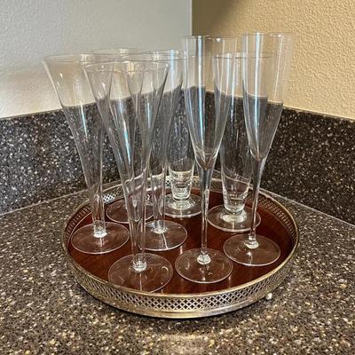 Elegant Champagne Flute Collection with Wood & 12” Silver Plated Tray