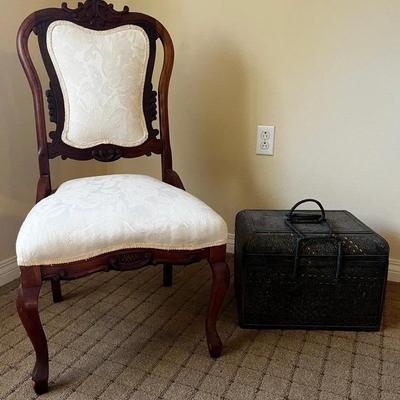 Ivory Upholstered & Wood Chair + Wood Basket Filled With Seeing Itens