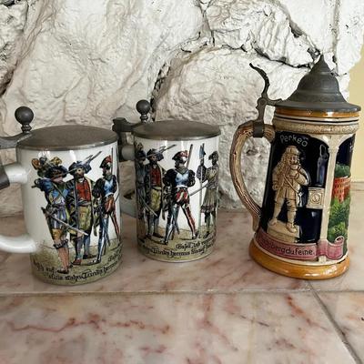 Antique German Beer Steins With Pewter Lids