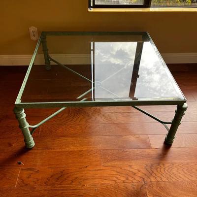 Large Patina Metal & Glass Coffee Table