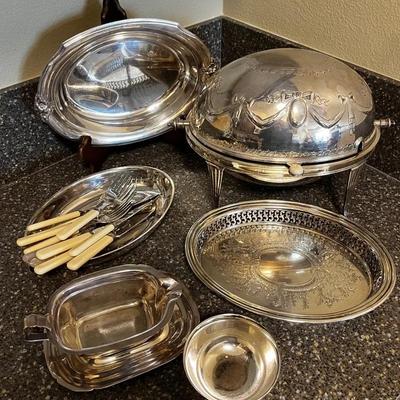 Vintage Silver-Plated Serving Collection with Dome Chafing Dish & Utensils