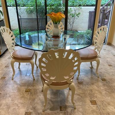 Glass Top Dining Table With Metal Base & Shell Back Chairs