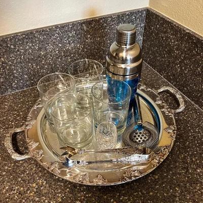 Engraved Initials Silver Plated Tray & Drinking Glasses