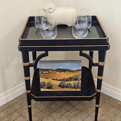 Black & Gold Bar Cart with Glassware, Ram Figurine & Art