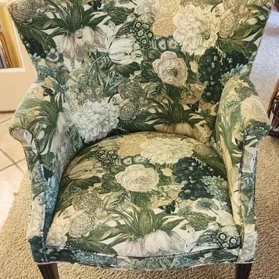 Green And White Floral Print Wing Chair