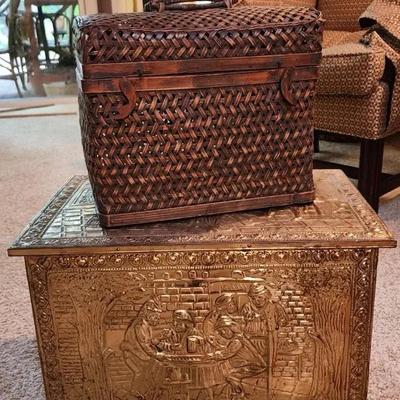 Ornate Brass Coal box And Rattan/Wicker Basket With Lid And Handle 