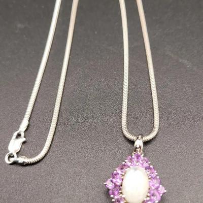 925 Sterling Silver - 23in Necklace With Opal And Amethyst Pendant
