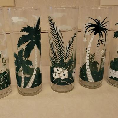 Vintage 1960s Libbey Tom Collins Glasses: Tropical Palm Barware