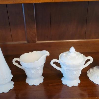 Fenton Milk Glass Raised Roses 4 Pieces