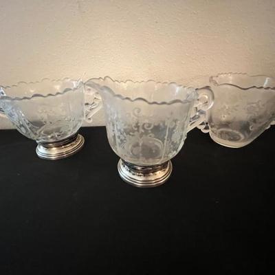 Sale Photo Thumbnail #145: Vintage Glass Creamer and Sugar Bowl with Sterling Silver Base