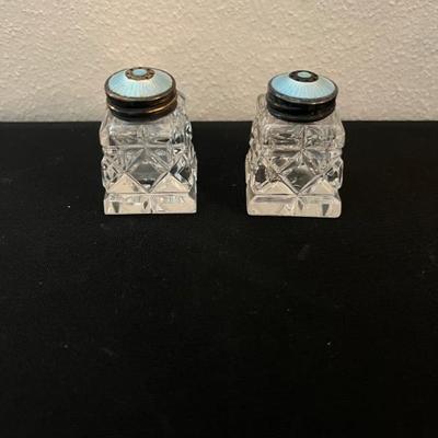 Sale Photo Thumbnail #154: Norwegian Art Deco Sterling & Guilloche Enamel Crystal Small Salt & Pepper Shakers