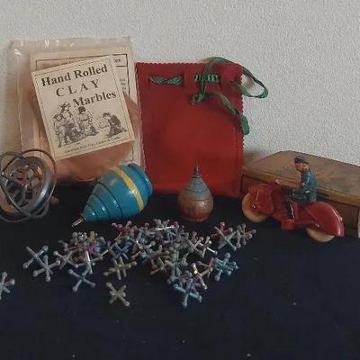 Clay Marbles, Auburn Rubber Inc-Police on Motorcycle, Tops, Jacks & Gyroscope