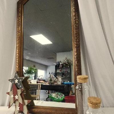 Large Framed Mirror, Two Glass Corked Jars, Red White & Blue Decor