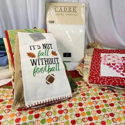 Assortment Of Linens, Kitchen Hand Towels, Potholders, Tablecloths Table Runners 