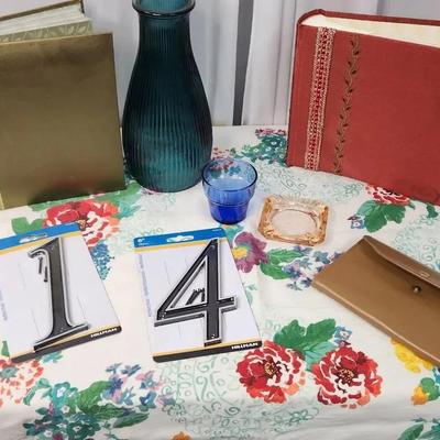 New Photo Albums, Flower Vase, Ladies Vintage Wallet, Pink Depression Glass Ashtray, Tablecloth 