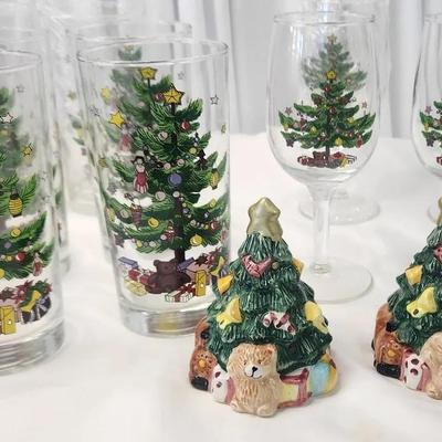 Christmas Tree Themed Drinking Glasses & Wine Glasses, Salt N Pepper Shaker 
