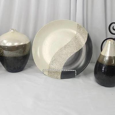 Dinner Plates, Salad Plates & Bowls Set Black & Beige Matte Finish, Wine Rack, Decorative Vases