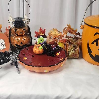 Fall Decorative Leaf Garland, Halloween Ceramic Candy Dish, Jack-o-lantern, Thanksgiving Harvest
