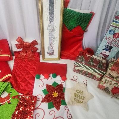 Holiday Stockings, Hand Towels, Gift Boxes & 1994 Framed Christmas Scene