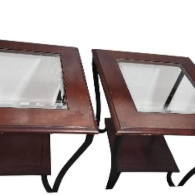 Pair Of Wood End Tables With Glass Tops