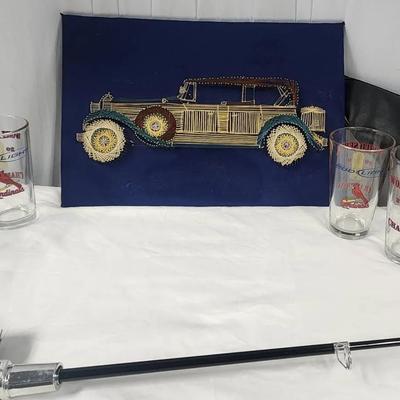Collectible Bud light St. Louis Cardinals Baseball Glasses, Fishing Machine Pole, Antique Car Decor