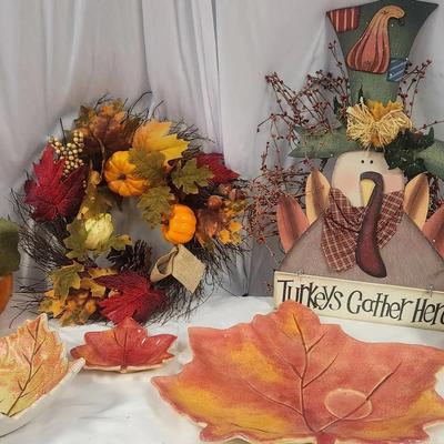 Fall Thanksgiving Serving Platter Set, Leaves Serving Bowl, Wreaths And Turkey Decor 
