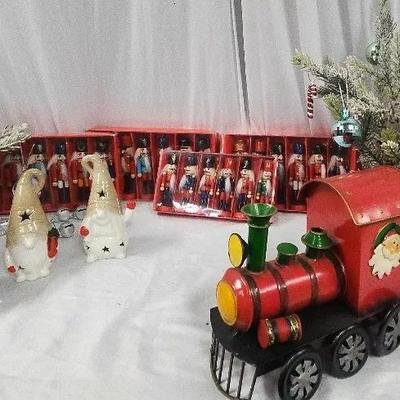 Vintage Tin Train, Collectible Lighted Gnomes, Brand New Nutcracker Ornaments, Decorated Trees
