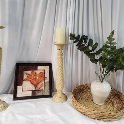 Two Candle Pedistols, Wicker Basket Decor, Floral Arrangement & Wall Hanging 