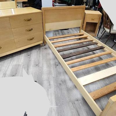 Mid-Century Twin Bedroom Set - Headboard, Footboard, Six Drawer Dresser With Mirror, Night Stand 