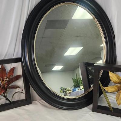 Decorative Oval Mirror, Two 3D Floral Wall Hangings