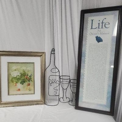 Wire Wine Themed Wall Decor, Floral Wall Art, & Life An Owners Manual Script 