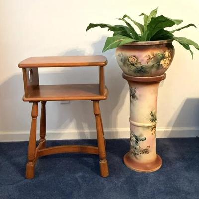 Heart Cutout Wooden Side Table & Decorative Floral Pedestal Planter with Faux Plant