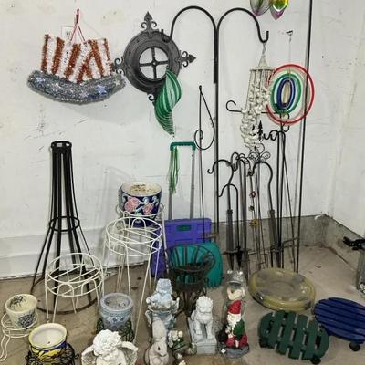 Large Lot Of Garden Decor/Plant Stands/Shepard's Hooks Etc..
