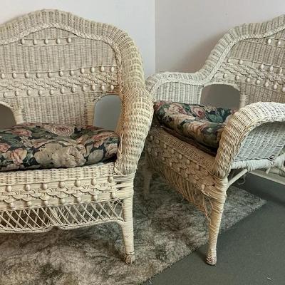 Pair of White Wicker Armchairs with Floral Cushions