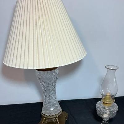 Vintage Cut Glass Electric Lamp & Clear Glass Oil Lamp