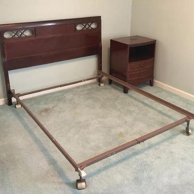  Vintage Dark Wood Headboard & Matching Nightstand with Metal Bed Frame