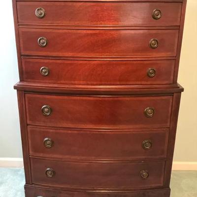 Vintage Dixie Tall Bowfront Mahogany Chest of Drawers