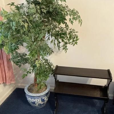 Decorative Potted Artificial Tree & Wooden Two-Tier Shelf