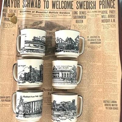 Buffalo History Lot – 1926 Buffalo Sunday Times Newspaper, Landmark Coffee Mugs, 1897 Encampment Pin